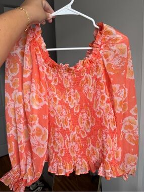 Pink Lily Coral Peach Floral Smocked Off-Shoulder Blouse